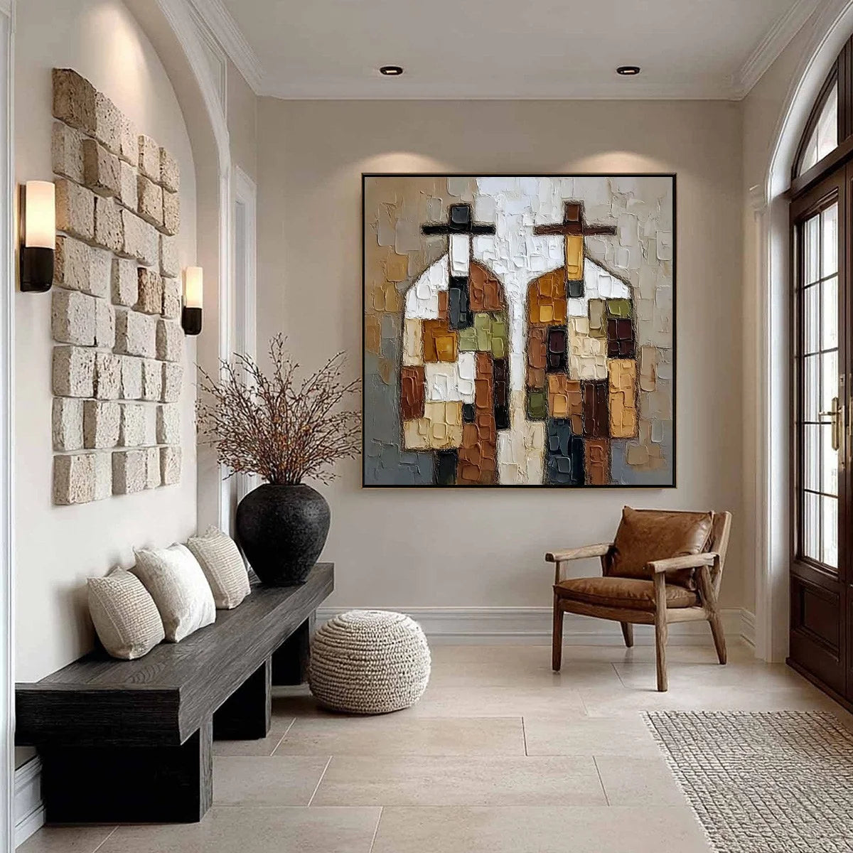 COMPANIONS: Textured Abstract Figurative Impasto Painting | black frame version on white wall