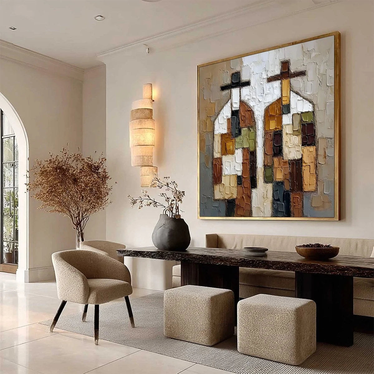 COMPANIONS: Textured Abstract Figurative Impasto Painting | beige palette, original Hand-painted on premium stretched canvas using artist-grade oils; rich layered surface combines smooth gradients ...