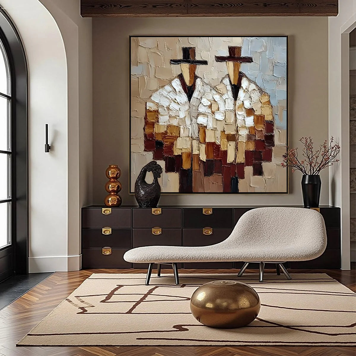THE COMPANIONS: Textured Abstract Figurative Impasto Wall Art | gold frame stretched on neutral wall