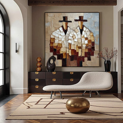 THE COMPANIONS: Textured Abstract Figurative Impasto Wall Art | gold frame stretched on neutral wall
