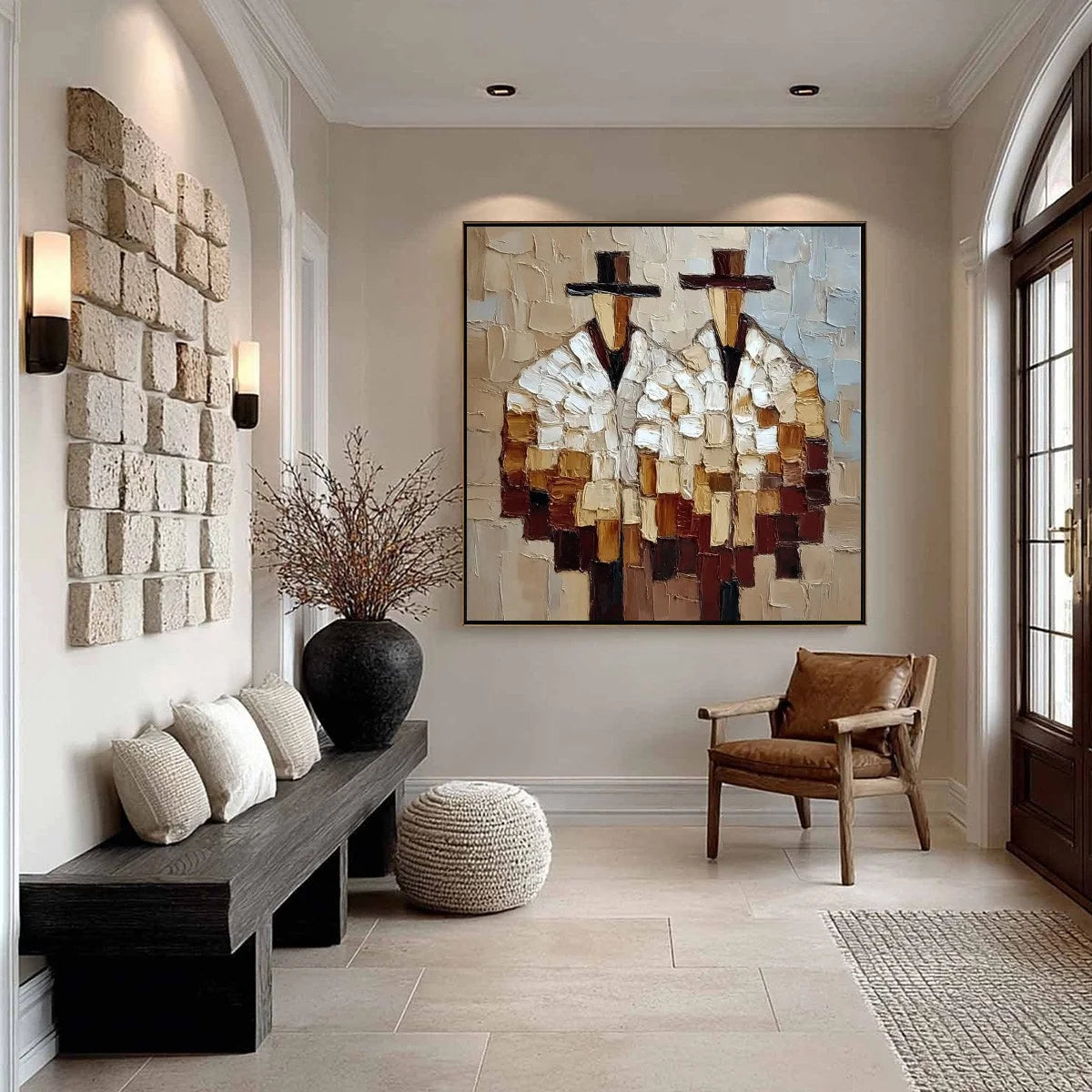 THE COMPANIONS: Textured Abstract Figurative Impasto Wall Art | black frame version on white wall