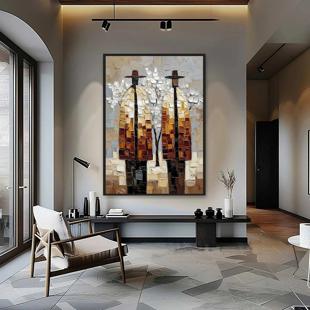 THE COMPANIONS: Textured Figurative Impasto Art for Modern Decor | gold frame stretched on neutral wall