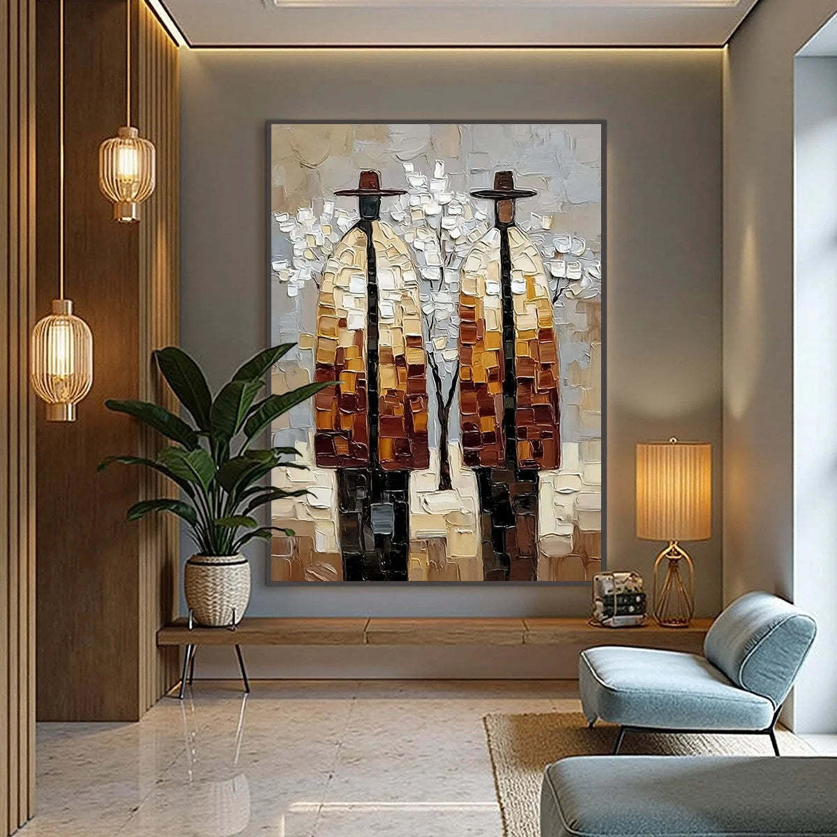 THE COMPANIONS: Textured Figurative Impasto Art for Modern Decor | black frame version on white wall