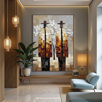 THE COMPANIONS: Textured Figurative Impasto Art for Modern Decor | black frame version on white wall