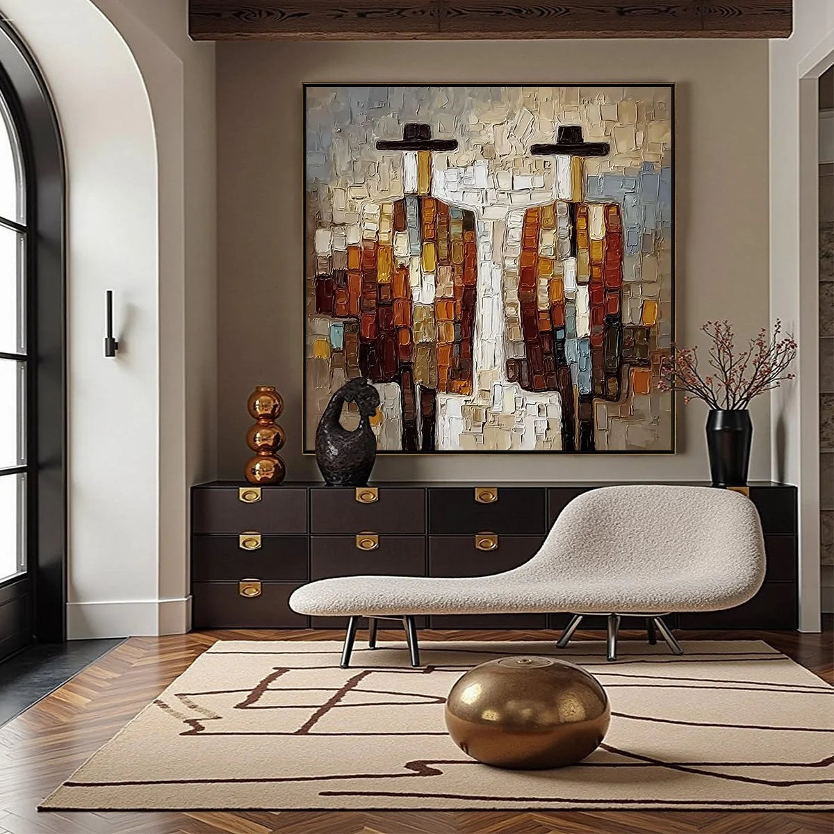 COMPANIONS: Textured Impasto Abstract Figurative Wall Art | gold frame stretched on neutral wall