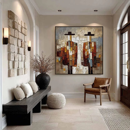COMPANIONS: Textured Impasto Abstract Figurative Wall Art | black frame version on white wall