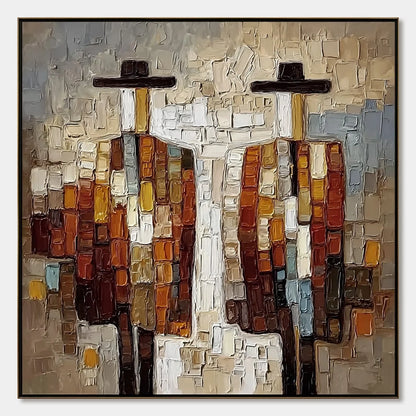 COMPANIONS: Textured Impasto Abstract Figurative Wall Art | hanging in COMPANIONS: Textured Impasto Abstract Figurative Wall Art featuring layered textured brushwork in refined tones; figurative co...