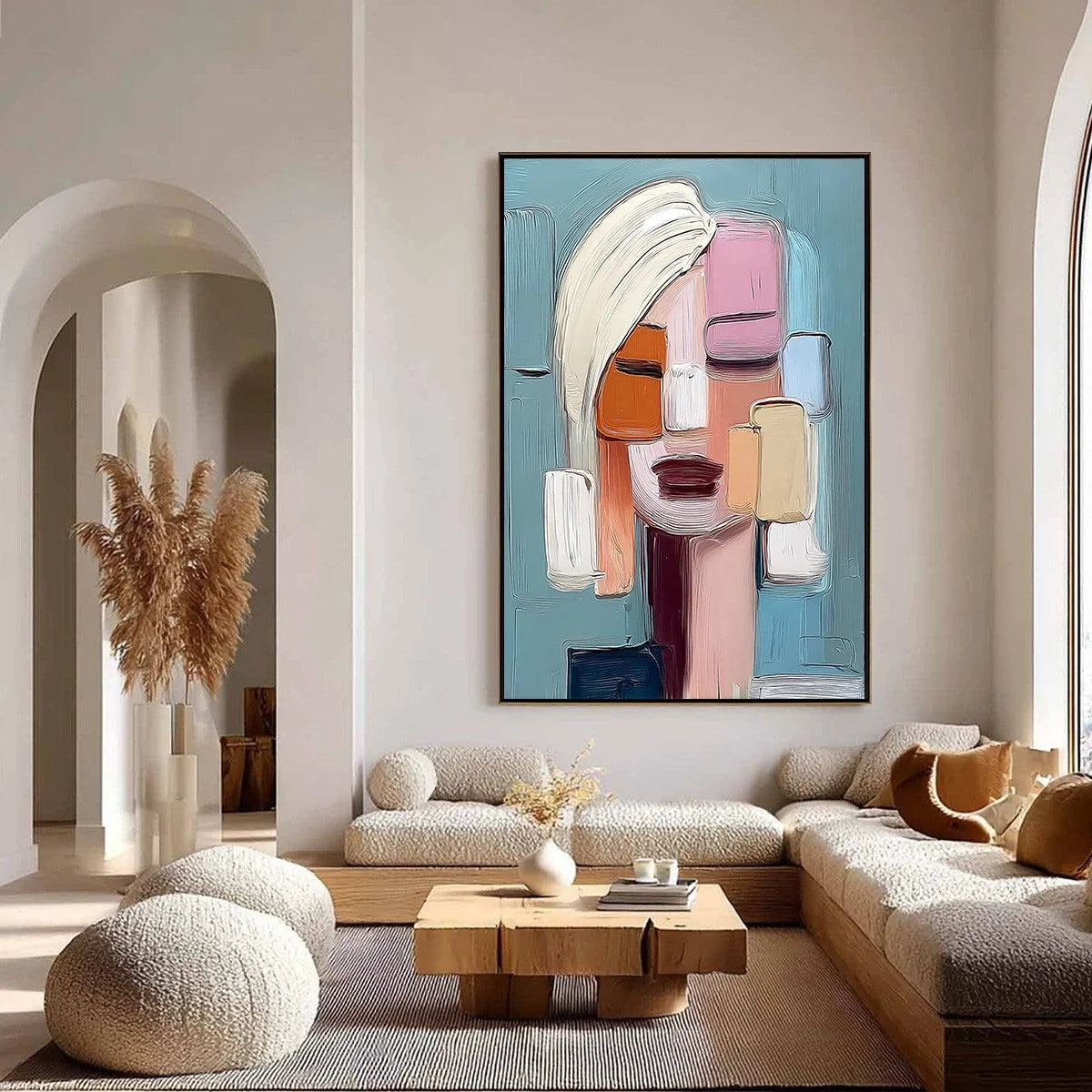 COMPOSURE: Textured Abstract Figurative Oil Painting | gold frame stretched on neutral wall