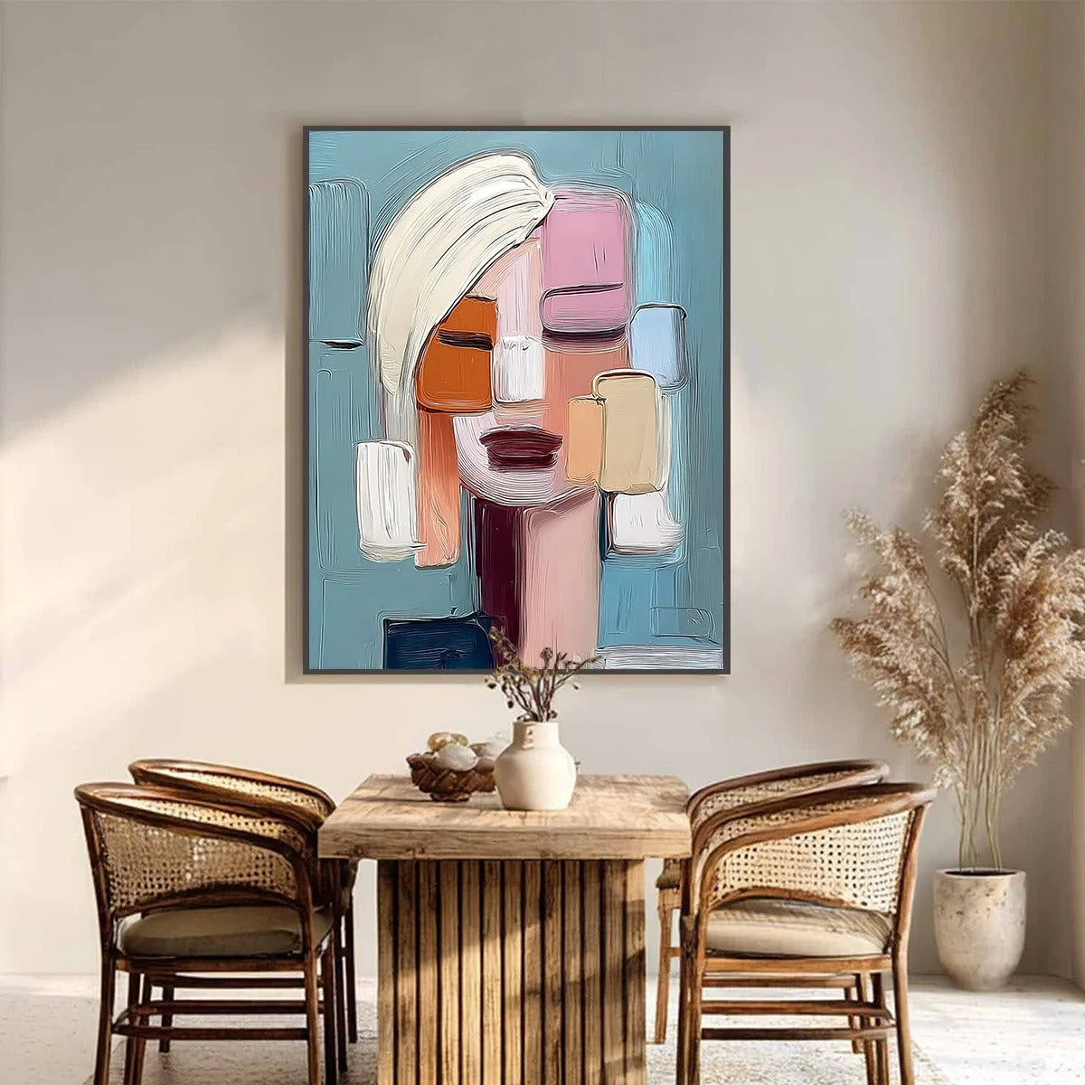 COMPOSURE: Textured Abstract Figurative Oil Painting | black frame version on white wall