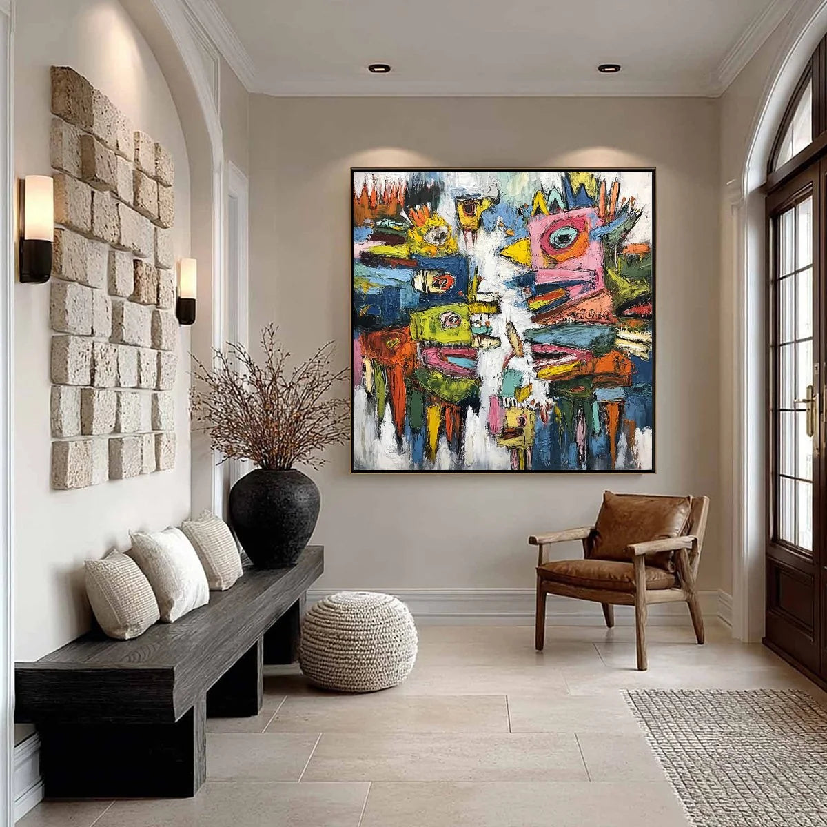 CONCRETE CARNIVAL: Large Colorful Abstract Impasto Wall Art | gold frame stretched on neutral wall