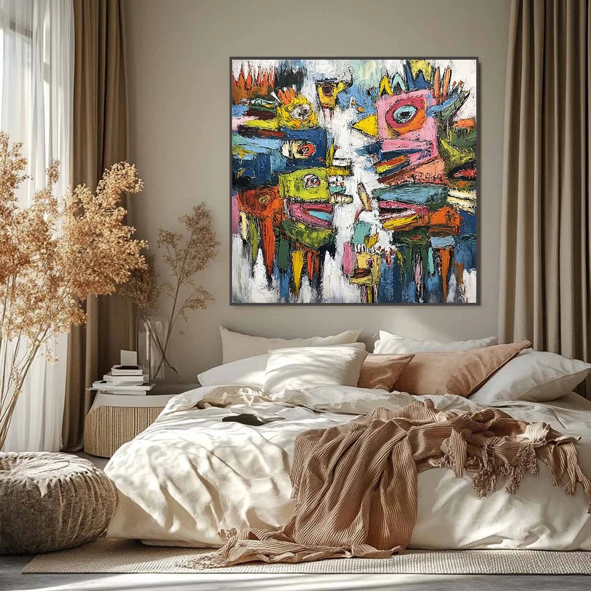 CONCRETE CARNIVAL: Large Colorful Abstract Impasto Wall Art | black frame version on white wall