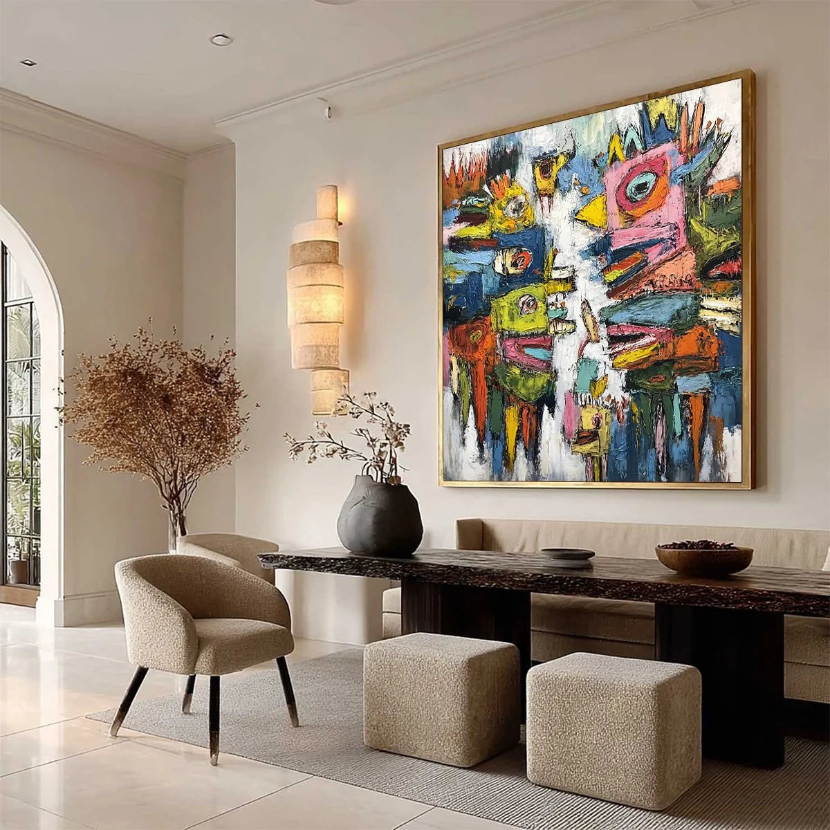 CONCRETE CARNIVAL: Large Colorful Abstract Impasto Wall Art | beige palette, original Hand-painted on premium stretched canvas using artist-grade oils; rich layered surface combines smooth gradient...