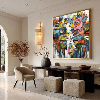 CONCRETE CARNIVAL: Large Colorful Abstract Impasto Wall Art | beige palette, original Hand-painted on premium stretched canvas using artist-grade oils; rich layered surface combines smooth gradient...