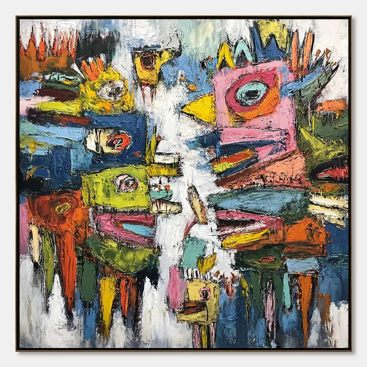 CONCRETE CARNIVAL: Large Colorful Abstract Impasto Wall Art | hanging in CONCRETE CARNIVAL: Large Colorful Abstract Impasto Wall Art featuring layered textured brushwork in refined tones; abstract ...