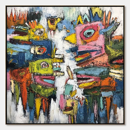 CONCRETE CARNIVAL: Large Colorful Abstract Impasto Wall Art | hanging in CONCRETE CARNIVAL: Large Colorful Abstract Impasto Wall Art featuring layered textured brushwork in refined tones; abstract ...