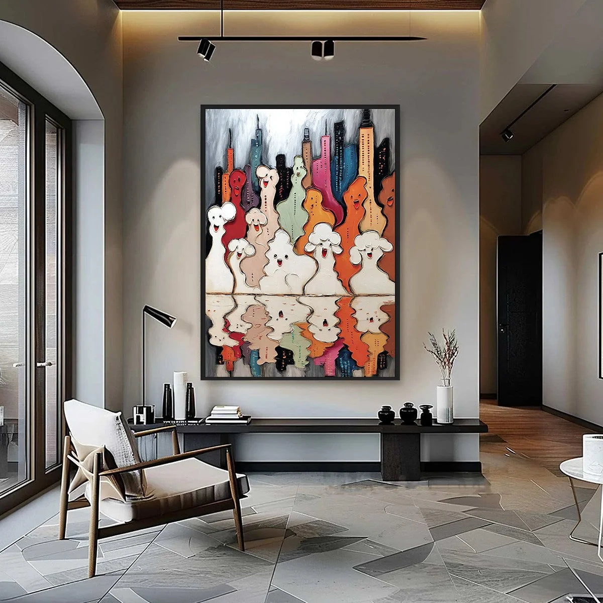 CONCRETE CARNIVAL: Textured Abstract Cityscape Painting with Whimsical Figures | Abstract closeup, raised brushwork detail