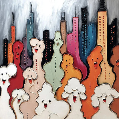 CONCRETE CARNIVAL: Textured Abstract Cityscape Painting with Whimsical Figures | rectangular format, hand-painted canvas edge