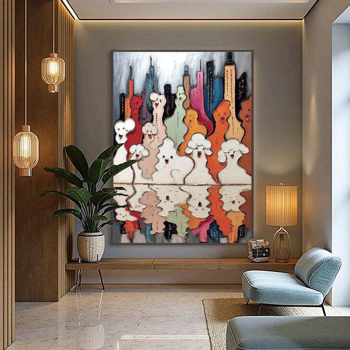 CONCRETE CARNIVAL: Textured Abstract Cityscape Painting with Whimsical Figures | gold frame stretched on neutral wall