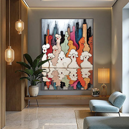 CONCRETE CARNIVAL: Textured Abstract Cityscape Painting with Whimsical Figures | gold frame stretched on neutral wall