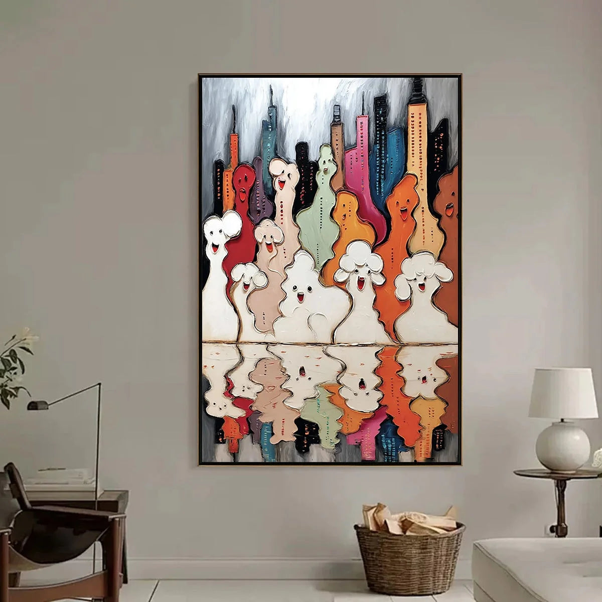 CONCRETE CARNIVAL: Textured Abstract Cityscape Painting with Whimsical Figures | black frame version on white wall