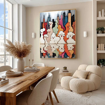 CONCRETE CARNIVAL: Textured Abstract Cityscape Painting with Whimsical Figures | Abstract mood, soft natural light studio shot