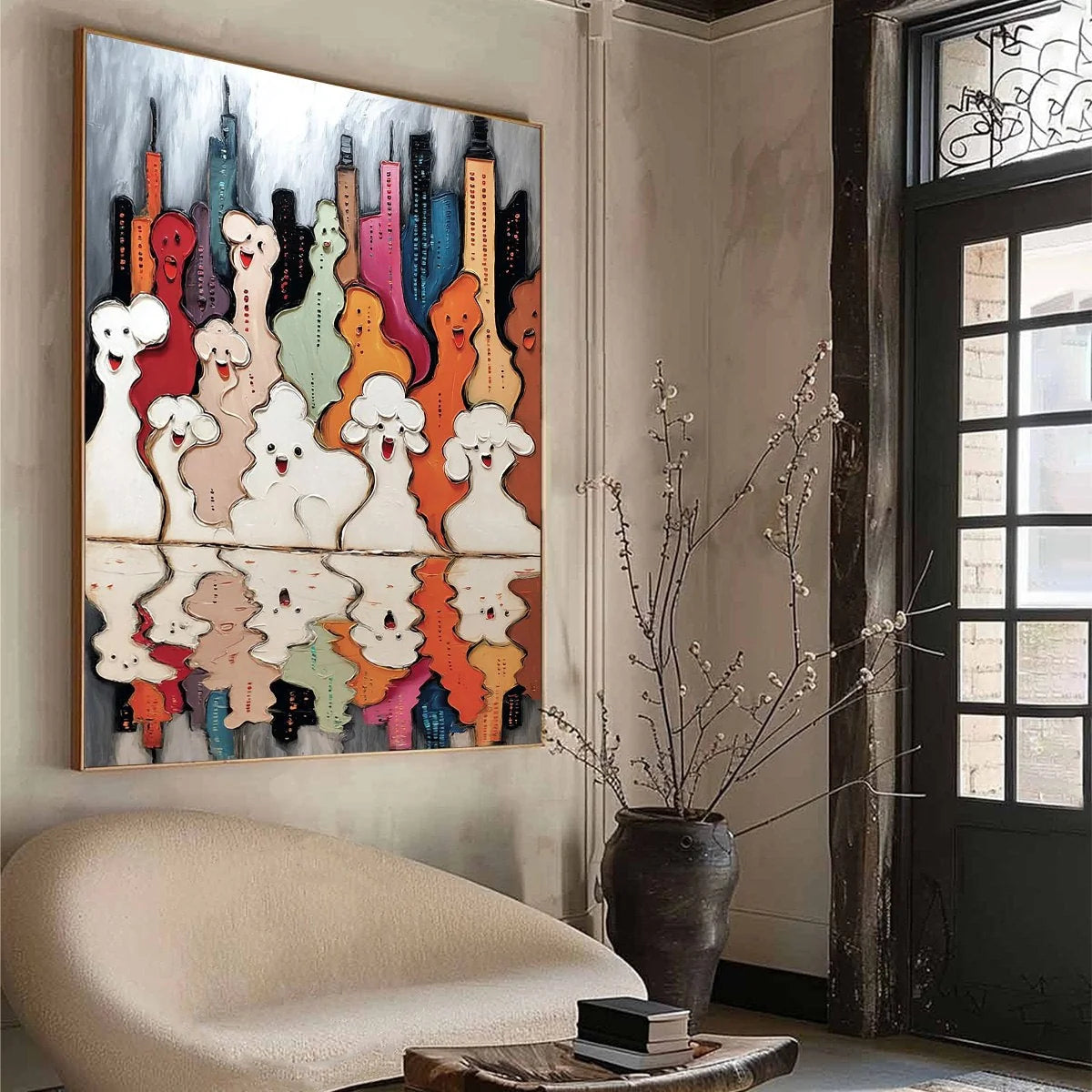 CONCRETE CARNIVAL: Textured Abstract Cityscape Painting with Whimsical Figures | beige palette, original Hand-painted on premium stretched canvas using artist-grade oils; rich layered surface combi...