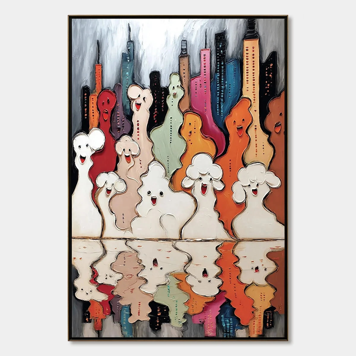 CONCRETE CARNIVAL: Textured Abstract Cityscape Painting with Whimsical Figures | hanging in CONCRETE CARNIVAL: Textured Abstract Cityscape Painting with Whimsical Figures featuring layered textured...