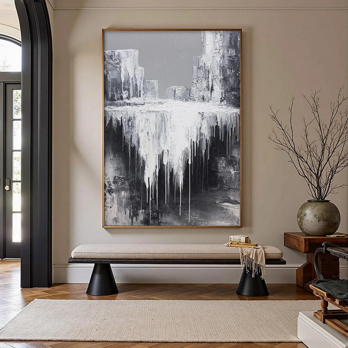 CONCRETE CASCADE: Textured Black and White Abstract Cityscape | Abstract closeup, raised brushwork detail