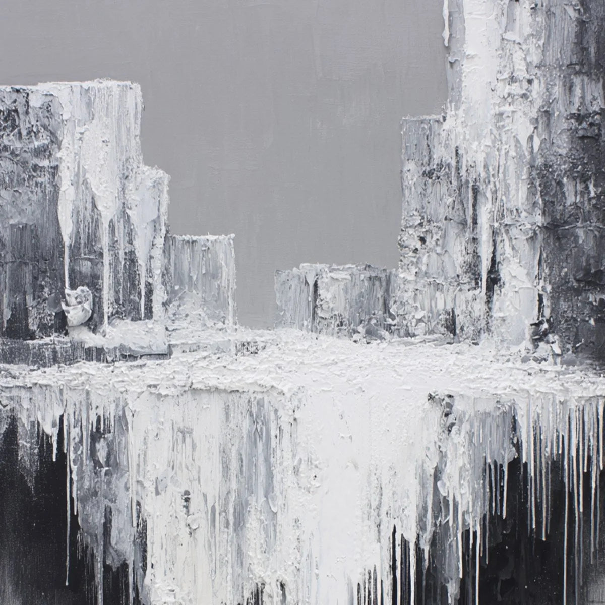 CONCRETE CASCADE: Textured Black and White Abstract Cityscape | rectangular format, hand-painted canvas edge