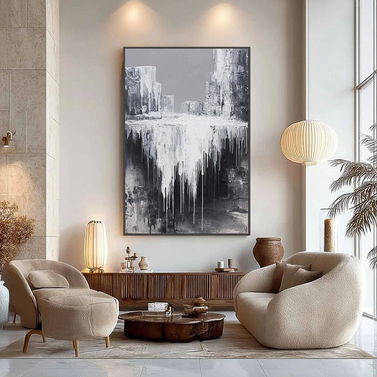 CONCRETE CASCADE: Textured Black and White Abstract Cityscape | gold frame stretched on neutral wall