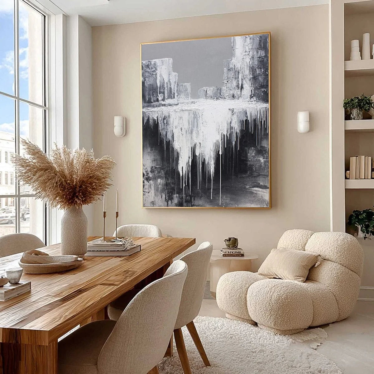 CONCRETE CASCADE: Textured Black and White Abstract Cityscape | black frame version on white wall
