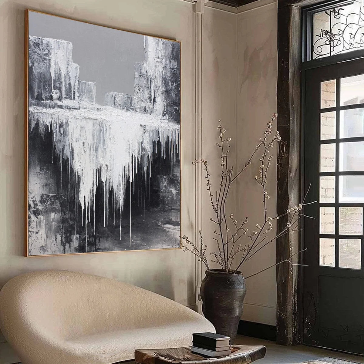 CONCRETE CASCADE: Textured Black and White Abstract Cityscape | Abstract mood, soft natural light studio shot