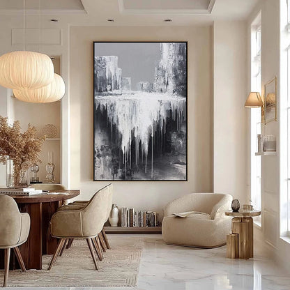 CONCRETE CASCADE: Textured Black and White Abstract Cityscape | beige palette, original Hand-painted on premium stretched canvas using artist-grade oils; rich layered surface combines smooth gradie...