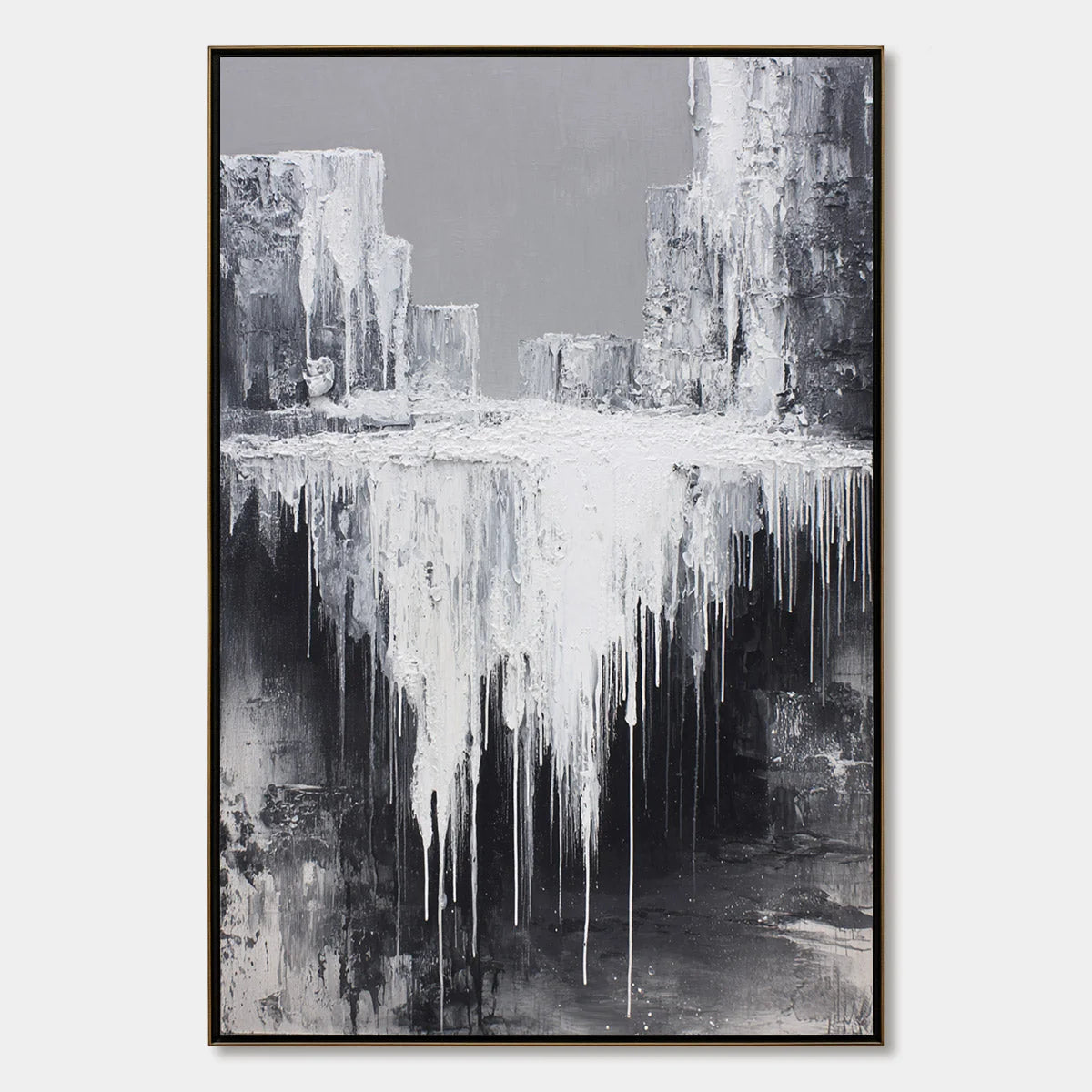 CONCRETE CASCADE: Textured Black and White Abstract Cityscape | hanging in CONCRETE CASCADE: Textured Black and White Abstract Cityscape featuring layered textured brushwork in refined tones; abstr...
