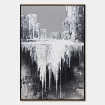 CONCRETE CASCADE: Textured Black and White Abstract Cityscape | hanging in CONCRETE CASCADE: Textured Black and White Abstract Cityscape featuring layered textured brushwork in refined tones; abstr...