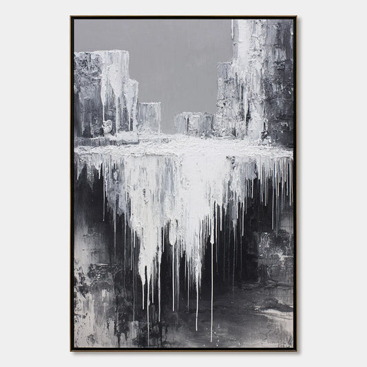 CONCRETE CASCADE: Textured Black and White Abstract Cityscape | hanging in CONCRETE CASCADE: Textured Black and White Abstract Cityscape featuring layered textured brushwork in refined tones; abstr...