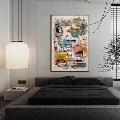 CONCRETE JUNGLE SYMPHONY: Large Vertical Colorful Abstract Wall Art | gold frame stretched on neutral wall