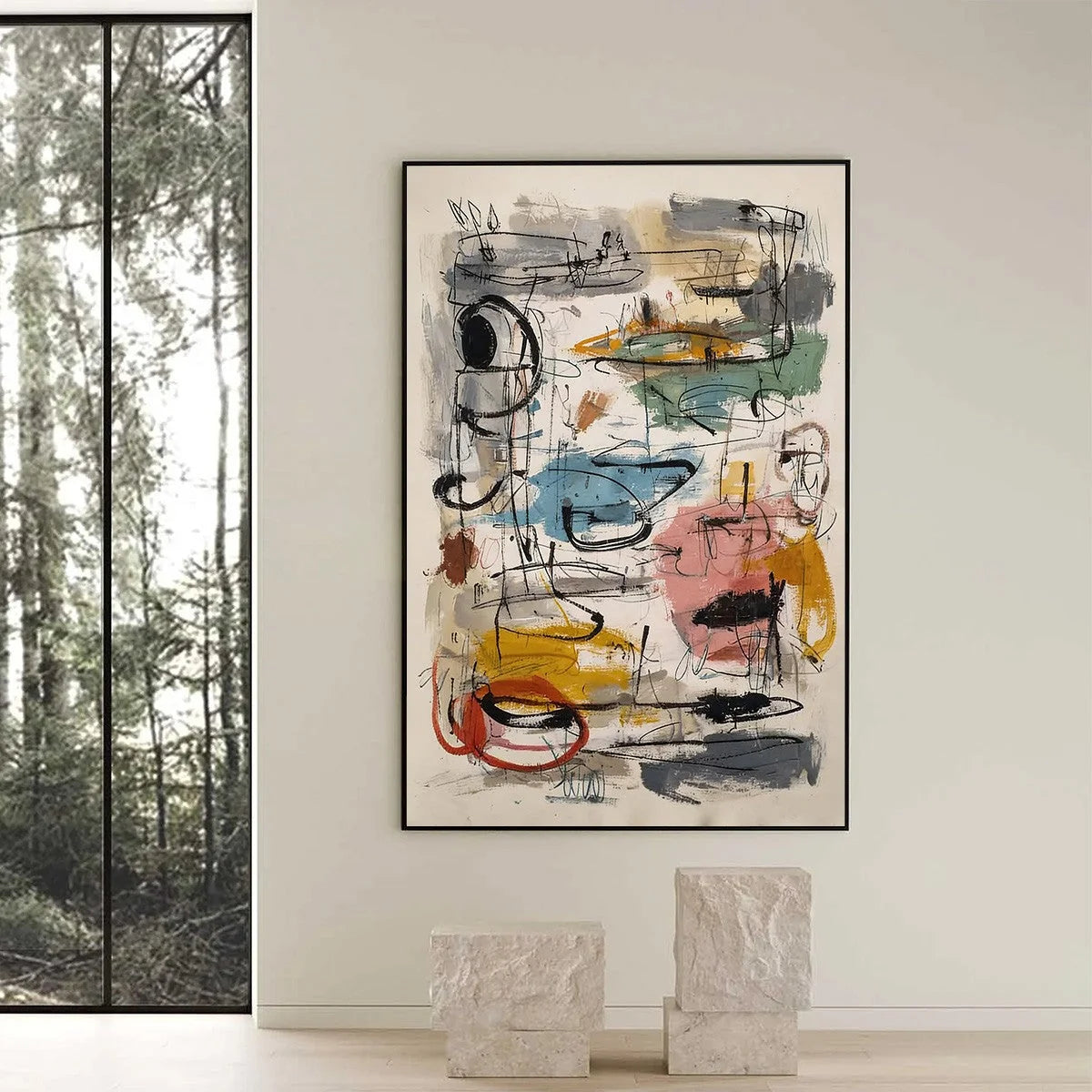 CONCRETE JUNGLE SYMPHONY: Large Vertical Colorful Abstract Wall Art | black frame version on white wall