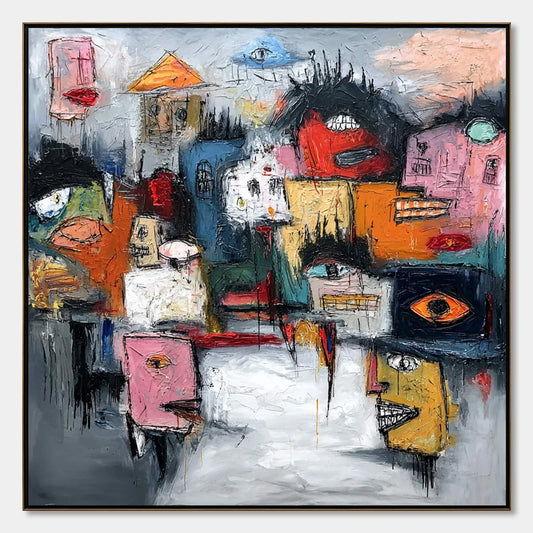CONCRETE CARNIVAL: Large Colorful Abstract Impasto Cityscape Painting | hanging in CONCRETE CARNIVAL: Large Colorful Abstract Impasto Cityscape Painting featuring layered textured brushwork in refi...