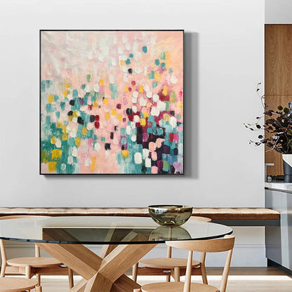 CONFETTI DREAM: Abstract Colorful Oil Painting in Pink, Teal, and Gold | Abstract closeup, raised brushwork detail