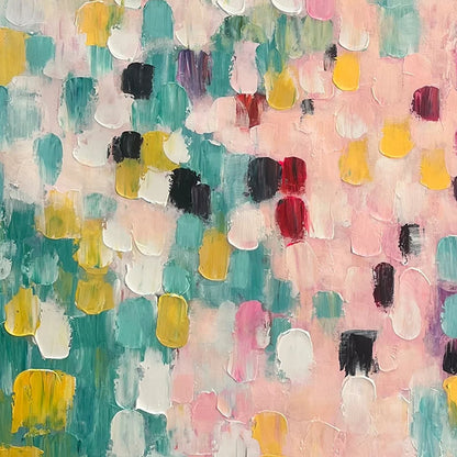 CONFETTI DREAM: Abstract Colorful Oil Painting in Pink, Teal, and Gold | rectangular format, hand-painted canvas edge
