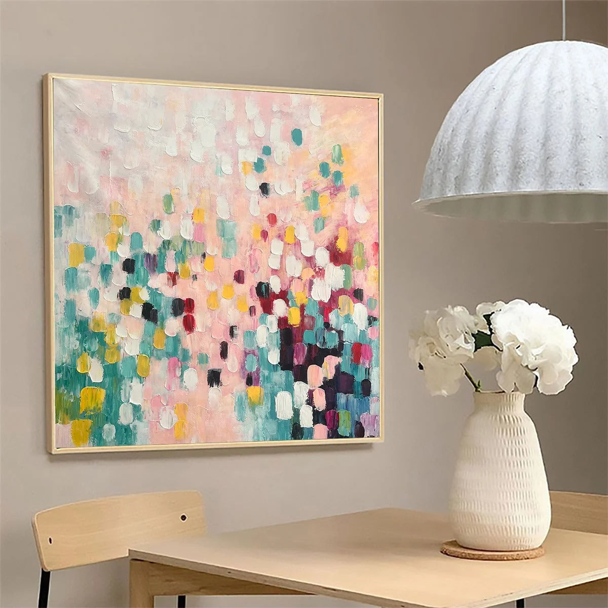 CONFETTI DREAM: Abstract Colorful Oil Painting in Pink, Teal, and Gold | gold frame stretched on neutral wall