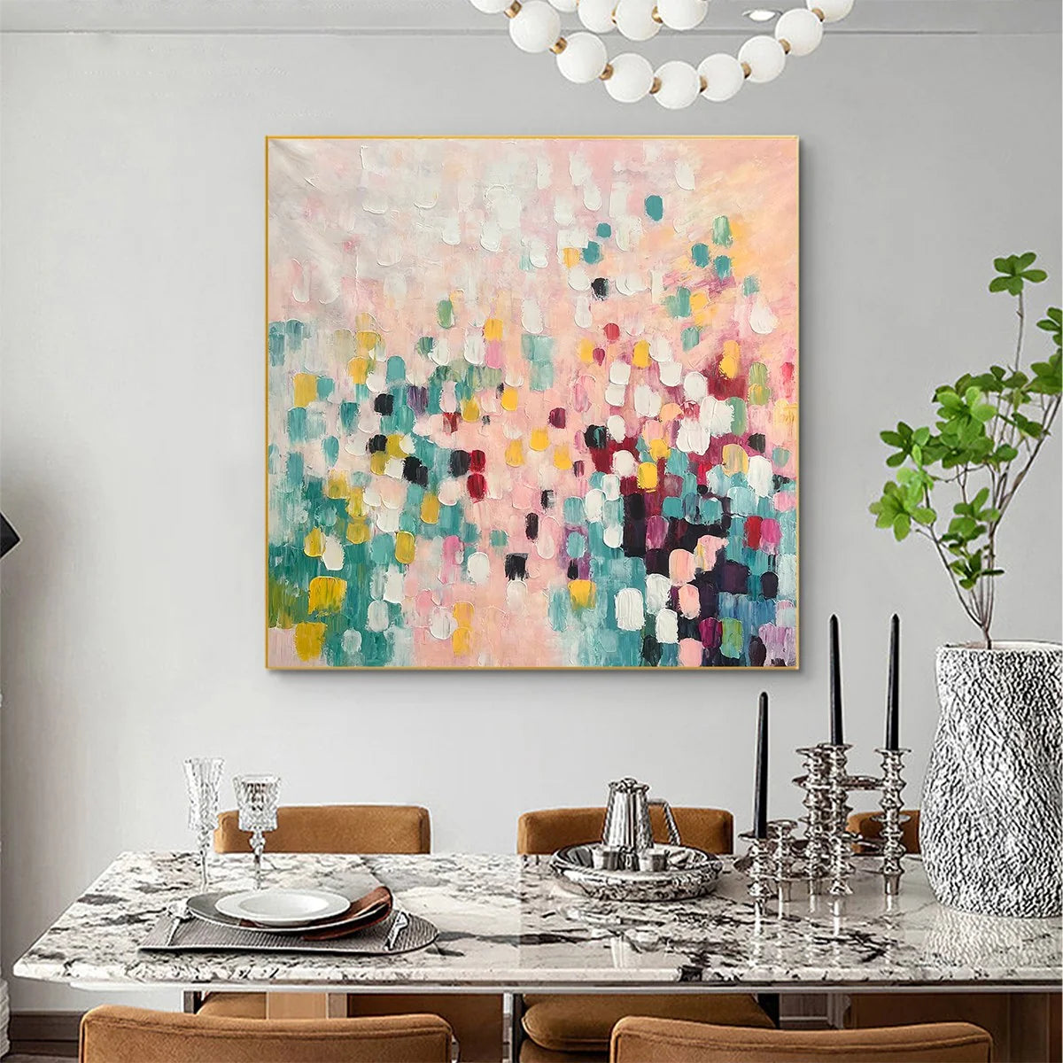 CONFETTI DREAM: Abstract Colorful Oil Painting in Pink, Teal, and Gold | black frame version on white wall