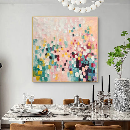 CONFETTI DREAM: Abstract Colorful Oil Painting in Pink, Teal, and Gold | black frame version on white wall