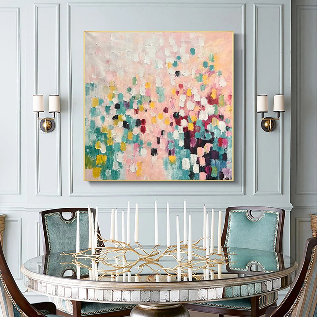 CONFETTI DREAM: Abstract Colorful Oil Painting in Pink, Teal, and Gold | Abstract mood, soft natural light studio shot