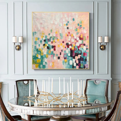 CONFETTI DREAM: Abstract Colorful Oil Painting in Pink, Teal, and Gold | Abstract mood, soft natural light studio shot