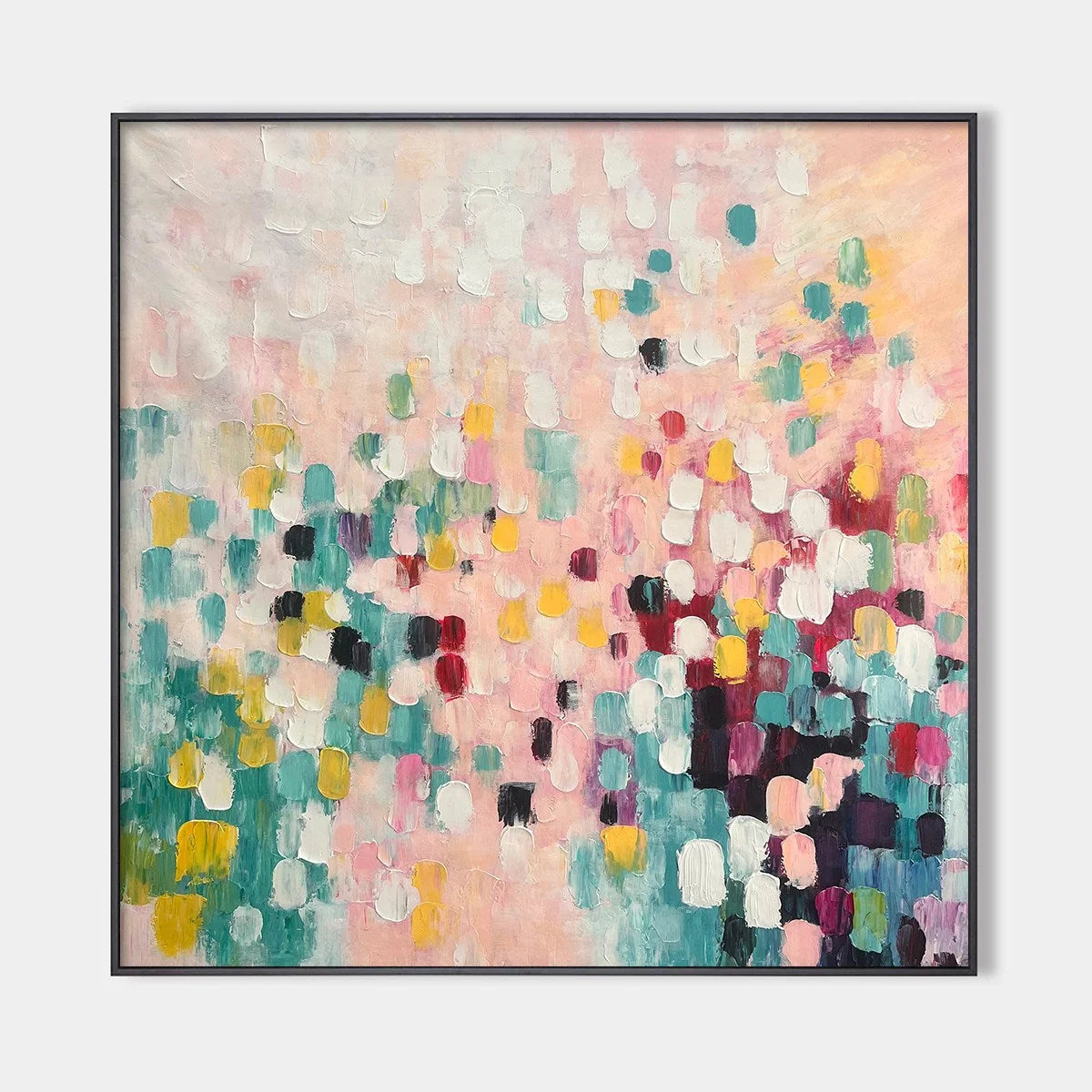 CONFETTI DREAM: Abstract Colorful Oil Painting in Pink, Teal, and Gold | hanging in CONFETTI DREAM: Abstract Colorful Oil Painting in Pink, Teal, and Gold featuring layered textured brushwork in re...
