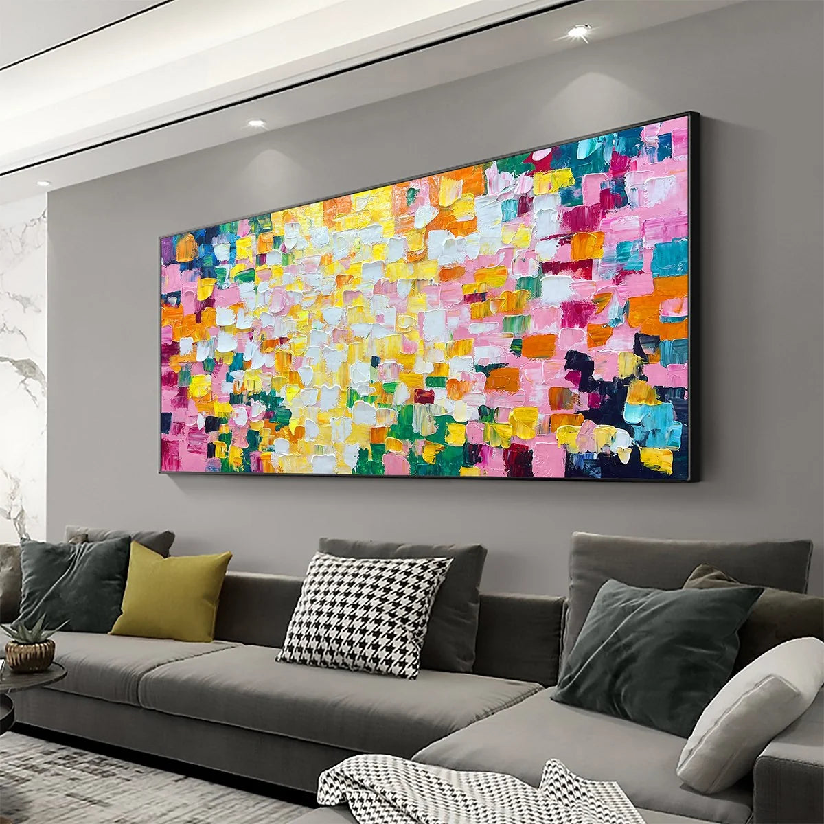 CONFETTI DREAM: Colorful Abstract Impasto Oil Painting | gold frame stretched on neutral wall