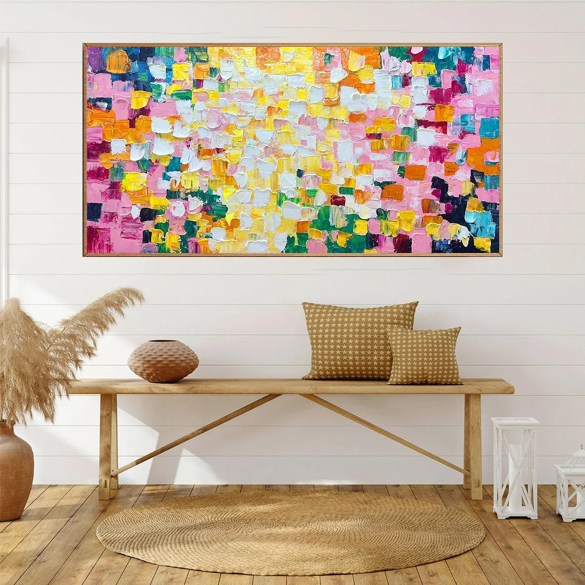 CONFETTI DREAM: Colorful Abstract Impasto Oil Painting | black frame version on white wall