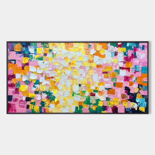 CONFETTI DREAM: Colorful Abstract Impasto Oil Painting | hanging in CONFETTI DREAM: Colorful Abstract Impasto Oil Painting featuring layered textured brushwork in refined tones; abstract compositio...